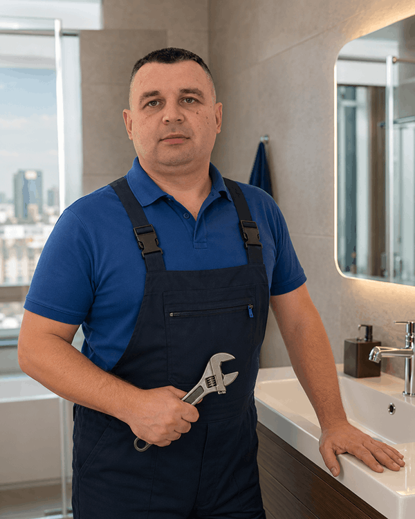 Олександр — сантехнік у Києві, стоїть у ванній з гайковим ключем